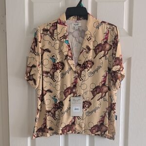Wrangler Women's Cowboy Print Shirt - Cream and Brown Size S NWT